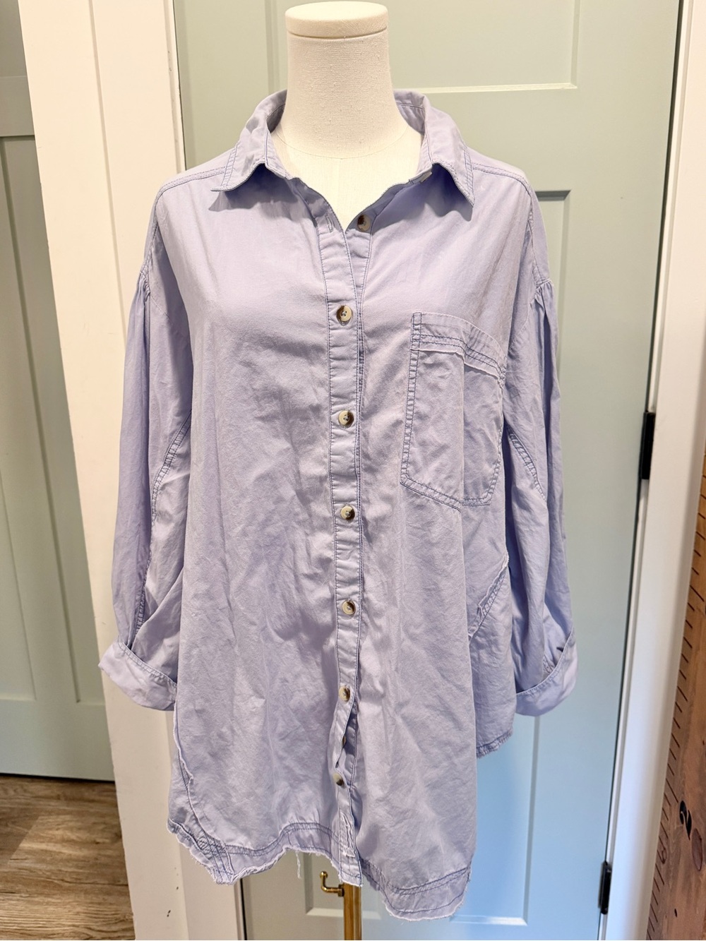 We The Free Button Front Shirt Oversized Lavender Large Cotton Coastal Boho